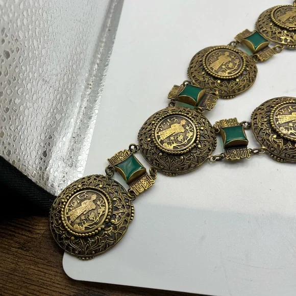 RARE Joseff Of Hollywood Necklace Asian Motif  Faux Chrysoprase 32” long - Picture 9 of 14